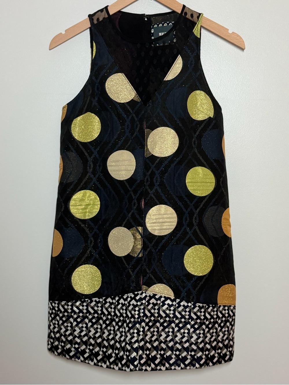 Maeve Anthropologie Metallic Polka Dot Shift Dress XXSP Black Gold Mod